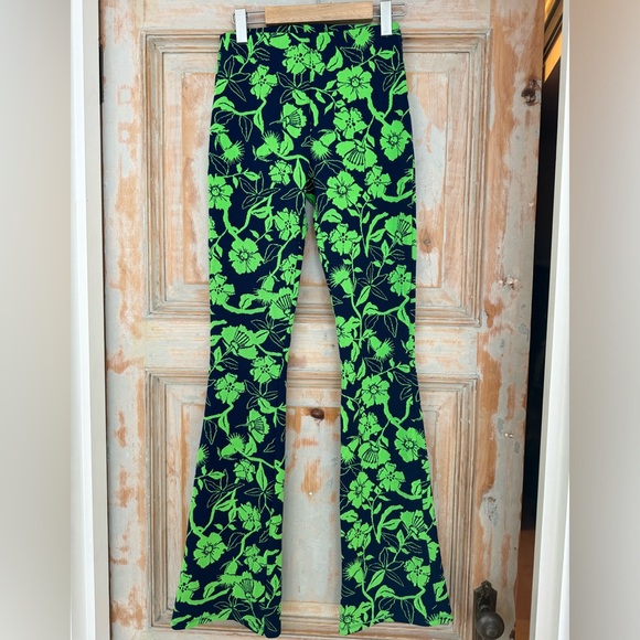 Zara flared navy & green jacquard high-waisted leggings / pants S Worn once. - Picture 3 of 7
